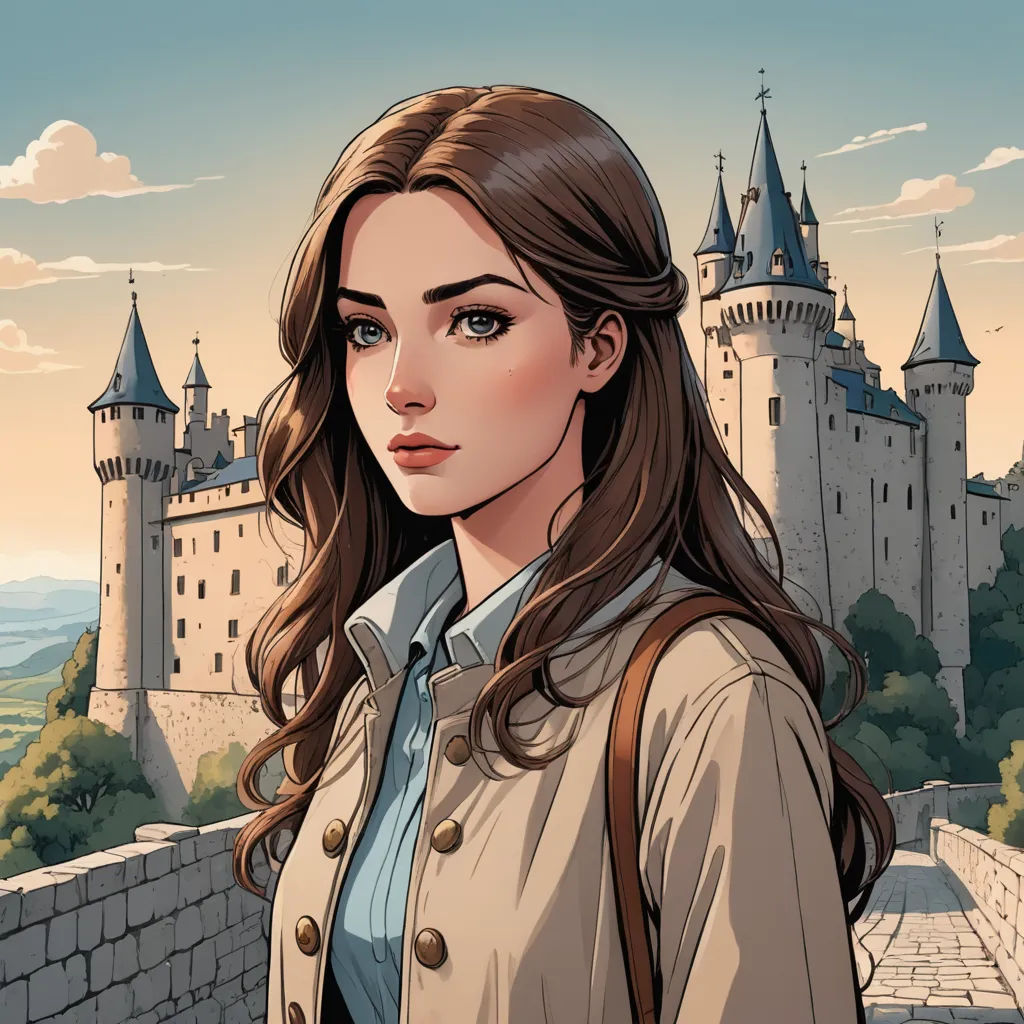a woman with long hair standing in front of a castle with a brown backpack on her shoulder and a brown backpack on her shoulder, fantasy art, a comic book panel, Colin Middleton, comic cover art