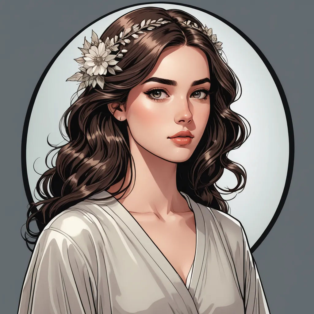 a woman with a flower in her hair and a white dress on her head, in a circle with a gray background, fantasy art, a character portrait, Charlie Bowater, fantasy character portrait