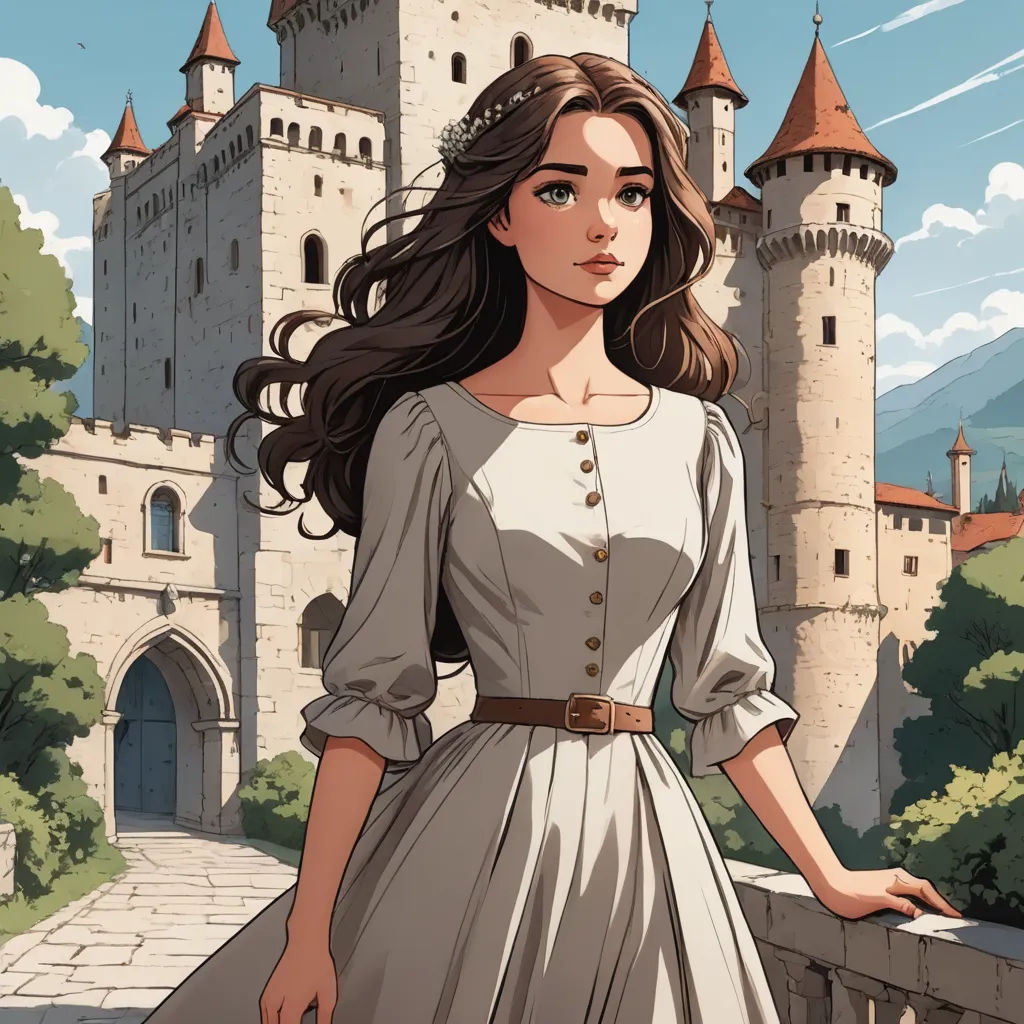 a woman in a dress standing in front of a castle with a castle in the background and a castle in the background, fantasy art, a storybook illustration, Claire Falkenstein, rossdraws global illumination