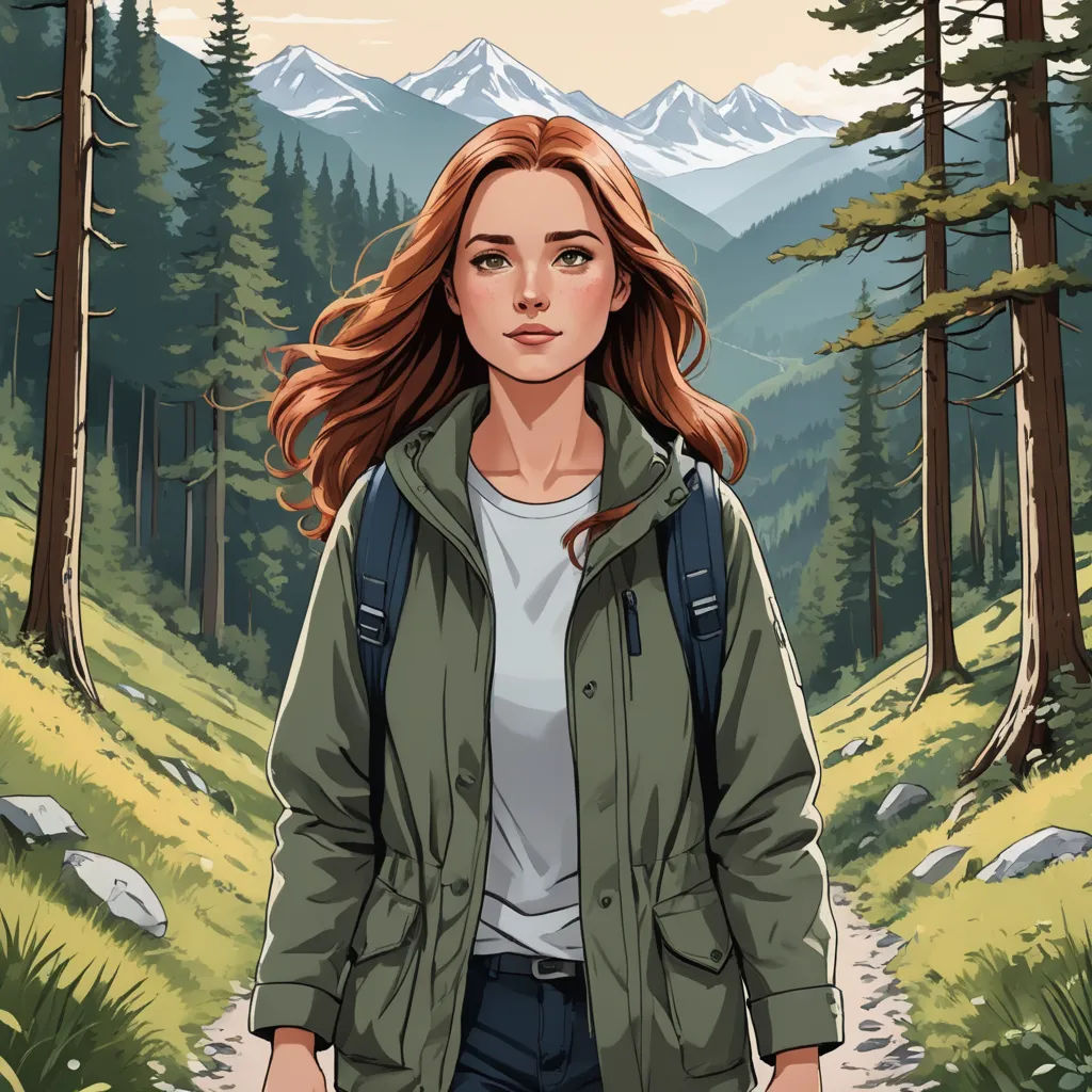 a woman with a backpack is walking through the woods with mountains in the background and a trail leading to the top, sots art, poster art, Alena Aenami, high detail illustration