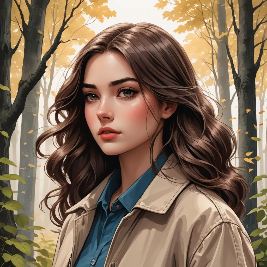 a painting of a woman in a jacket in a forest with trees and leaves in the background, with a blue shirt on, fantasy art, a character portrait, Charlie Bowater, trending on art station