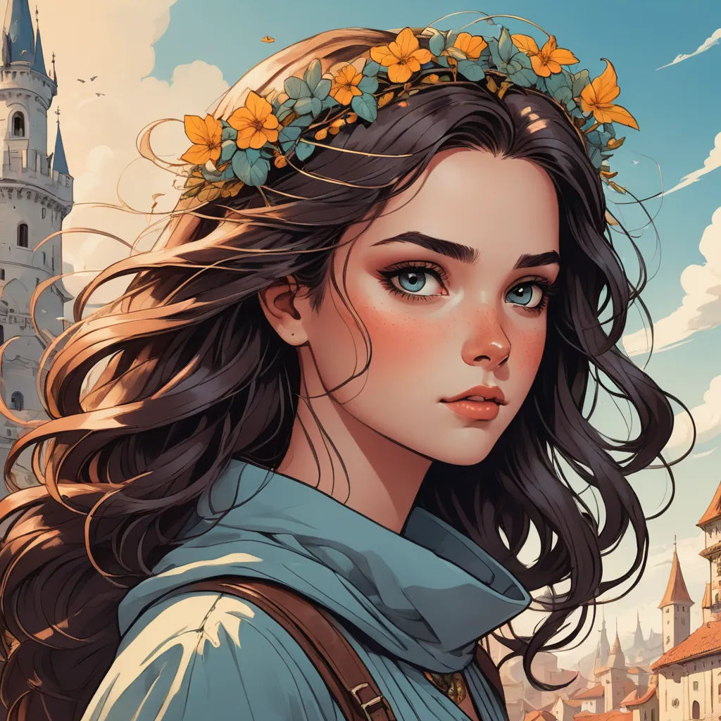 a girl with a flower crown on her head and a castle in the background with clouds in the sky, fantasy art, a detailed painting, Charlie Bowater, trending on art station