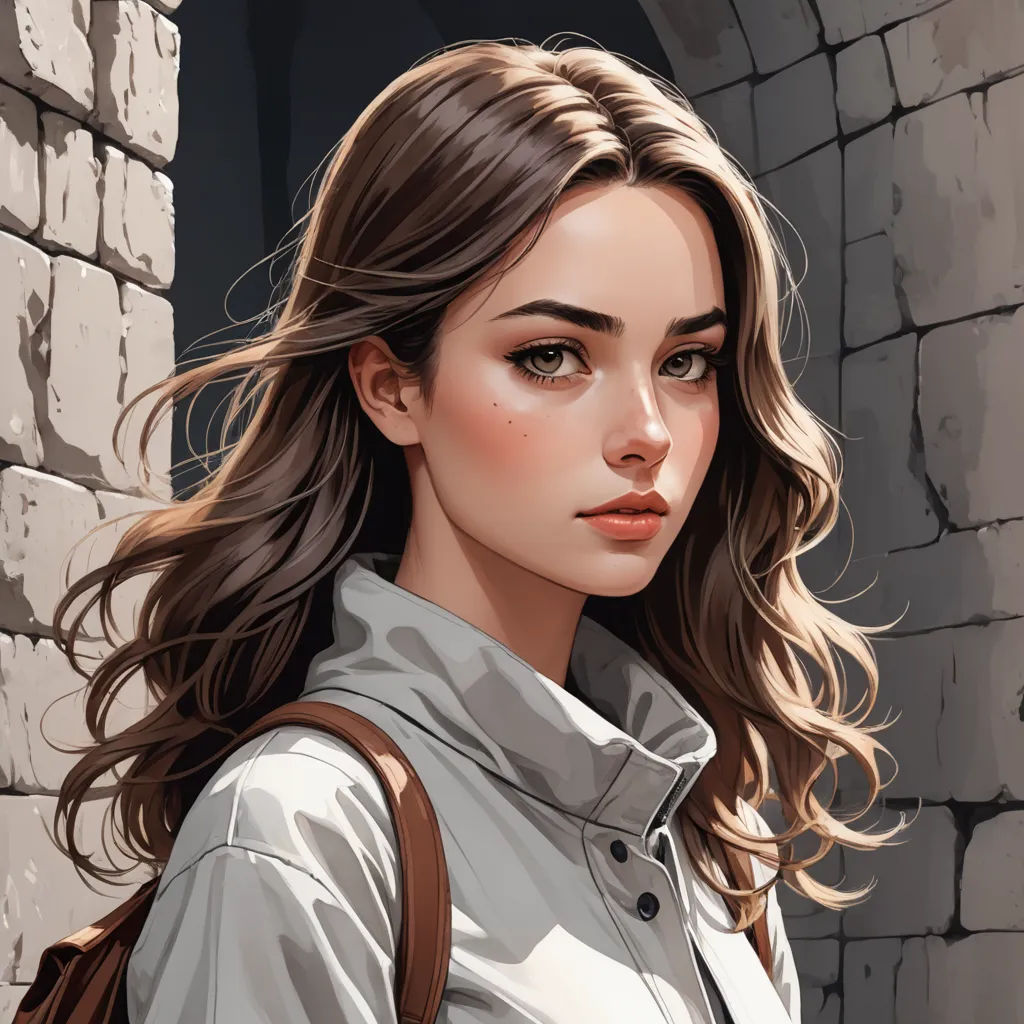 a woman with a backpack standing in front of a brick wall with a brick wall behind her and a brick wall behind her, fantasy art, a detailed painting, Alena Aenami, trending on art station