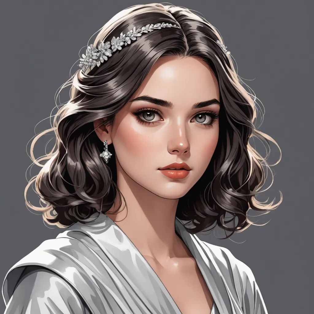 a woman with a tiara on her head and a dress on her shoulders, in a portrait by a gray background, fantasy art, a detailed painting, Charlie Bowater, stanley artgerm lau