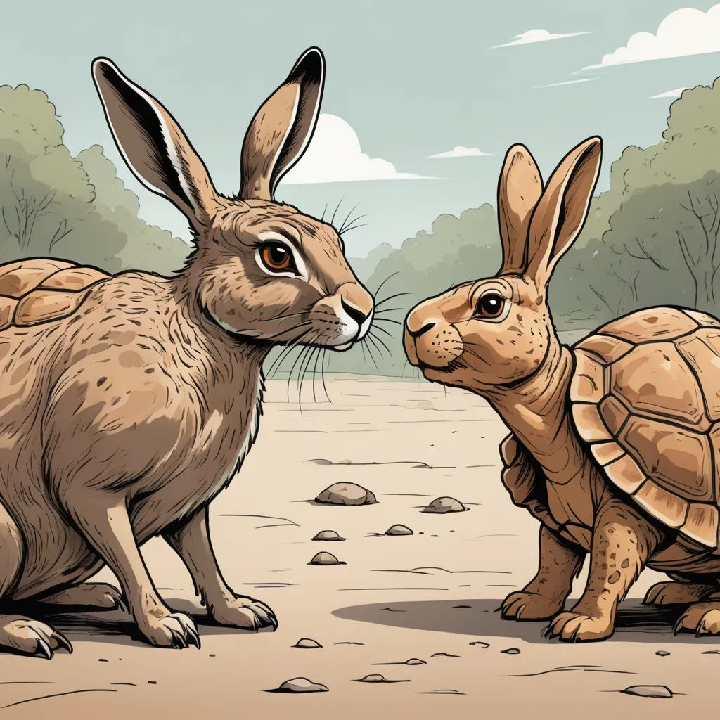 a rabbit and a tortoise are facing each other in a cartoon style, with trees in the background, optical illusion, a storybook illustration, Beatrix Potter, walton ford