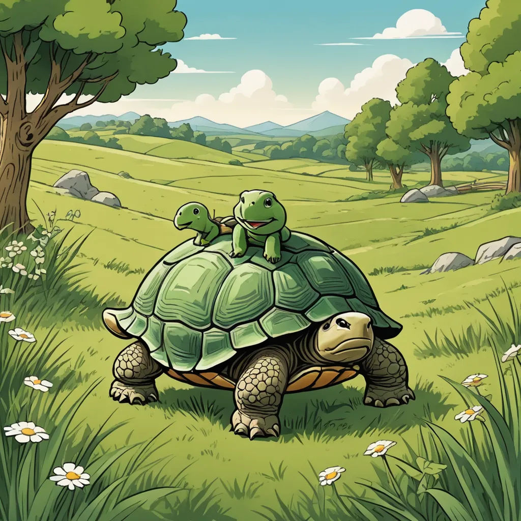 a turtle and a turtleling are sitting on top of each other in a field of grass and flowers, environmental art, a storybook illustration, Chris LaBrooy, storybook illustration