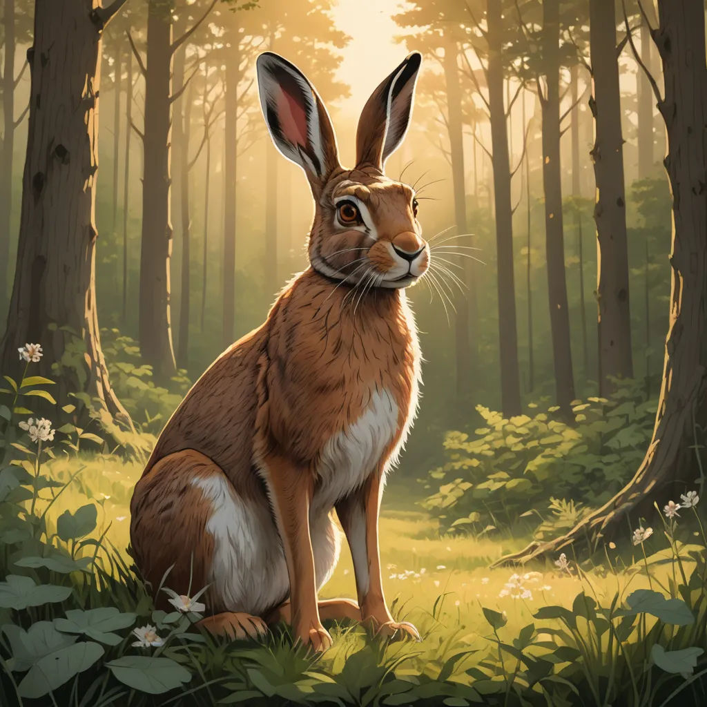 a painting of a rabbit sitting in the woods with the sun shining through the trees behind it and the grass and flowers around it, furry art, a storybook illustration, Chris LaBrooy, walton ford