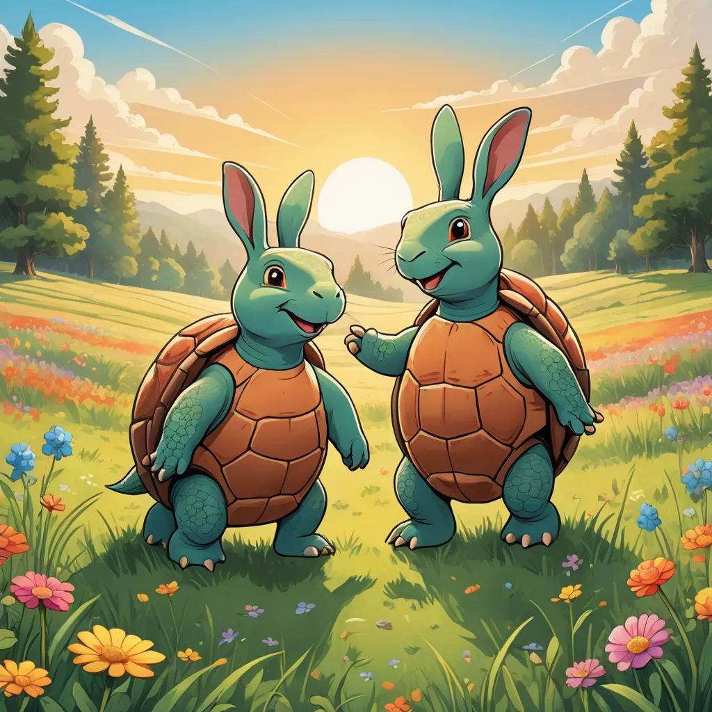 two rabbits are standing in a field with flowers and trees in the background, one is holding the other's hand, sots art, a storybook illustration, Chris LaBrooy, official art