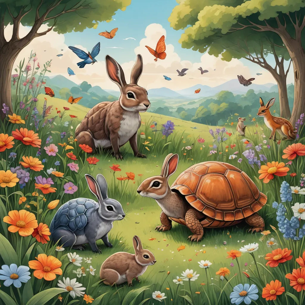 a painting of rabbits and a turtle in a field of flowers and butterflies with butterflies flying above them and a butterfly in the sky, fantasy art, a storybook illustration, Chris LaBrooy, highly detailed digital painting
