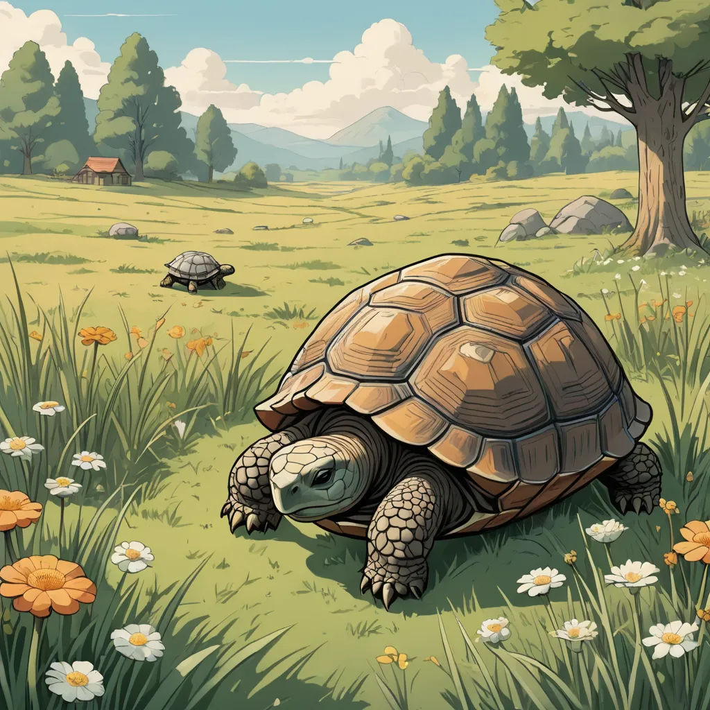 a cartoon turtle is walking through a field of flowers and grass with a house in the background and a few trees, environmental art, a storybook illustration, Chris LaBrooy, game art