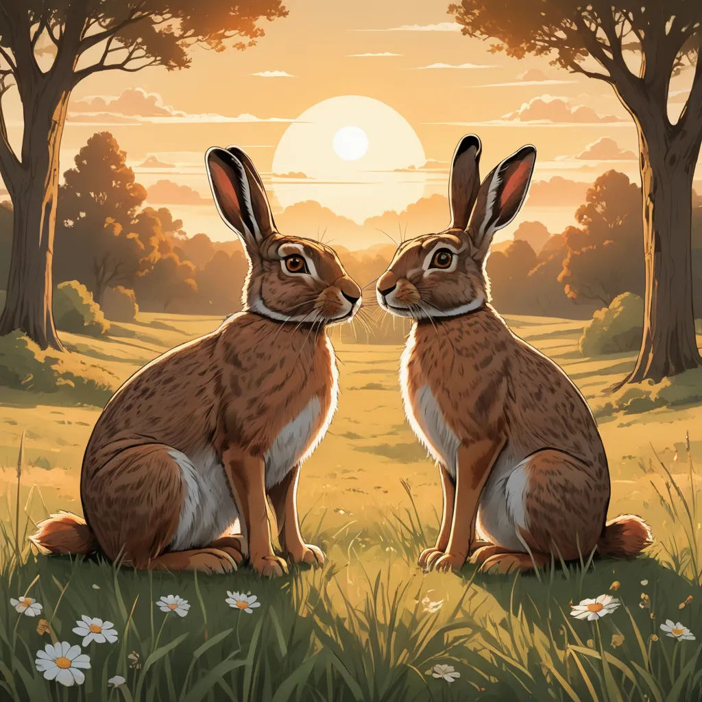 two rabbits sitting in the grass facing each other with a sunset in the background behind them and trees and grass, magic realism, a storybook illustration, Dan Mumford, rossdraws global illumination