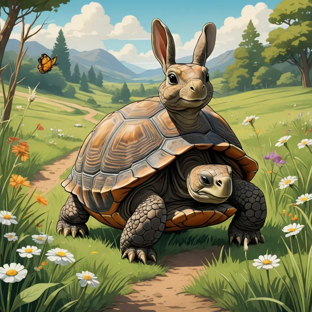 a painting of a turtle and a rabbit on a path in a field with flowers and a butterfly flying overhead, fantastic realism, a storybook illustration, Chris LaBrooy, golden ratio illustration
