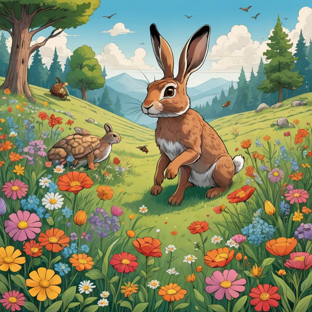 a rabbit and a turtle in a field of flowers and grass with a sky background with clouds and trees, naive art, a storybook illustration, Chris LaBrooy, rossdraws global illumination