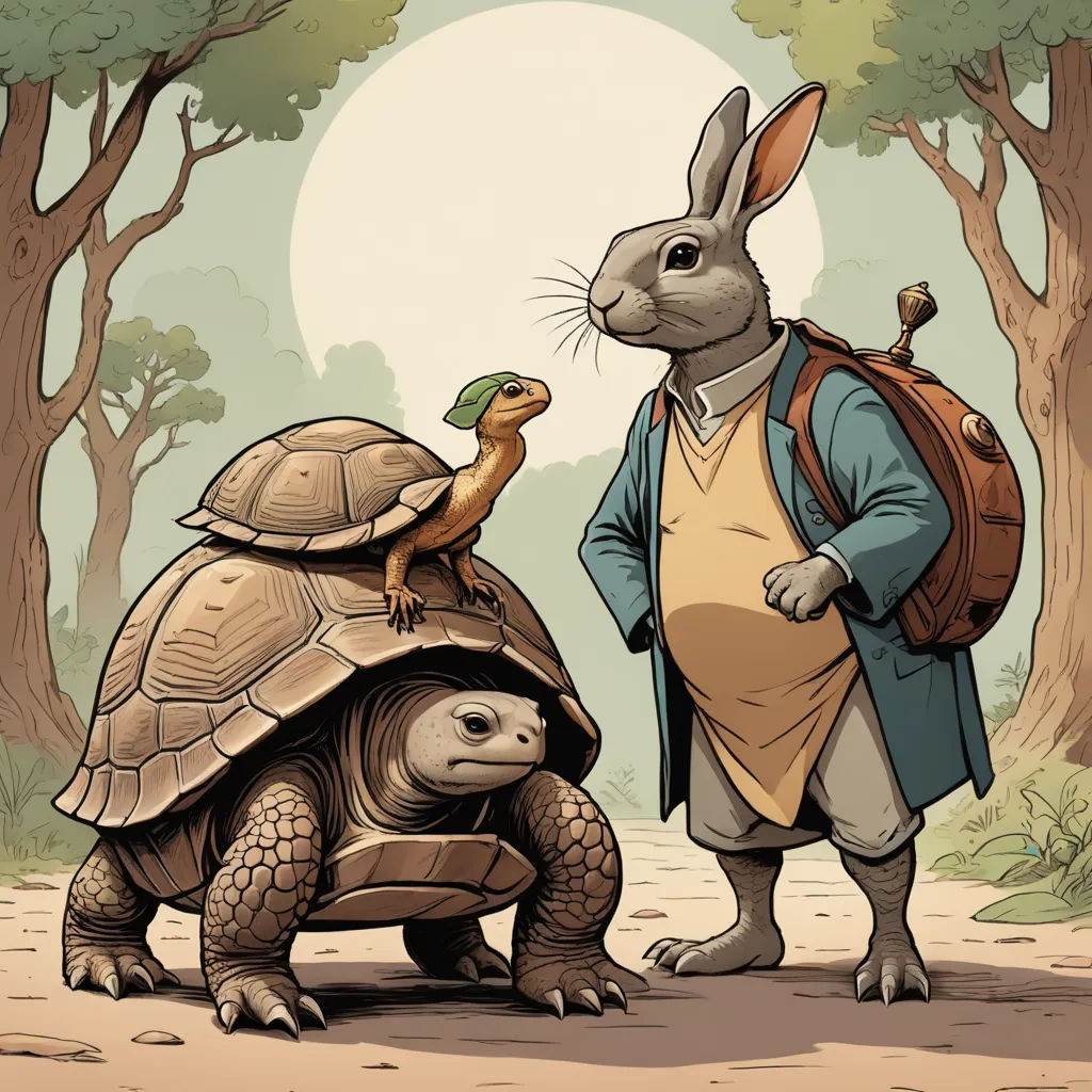 a rabbit and a tortoise are standing in the woods with a bird on their back and a bird on its back, fantasy art, a storybook illustration, Farel Dalrymple, storybook illustration