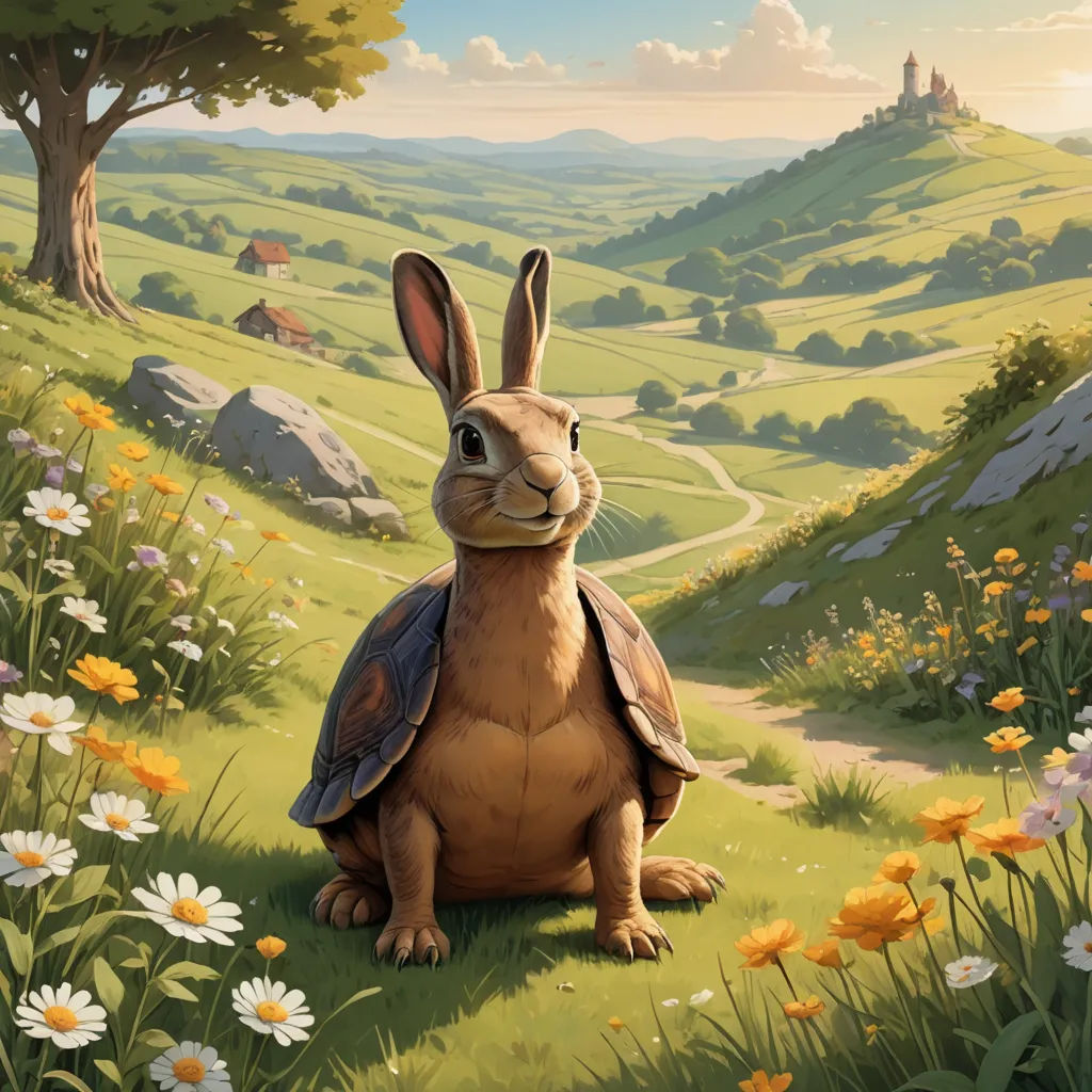 a rabbit sitting in a field of flowers with a hill in the background and a house in the distance, fantasy art, a storybook illustration, Chris LaBrooy, official art