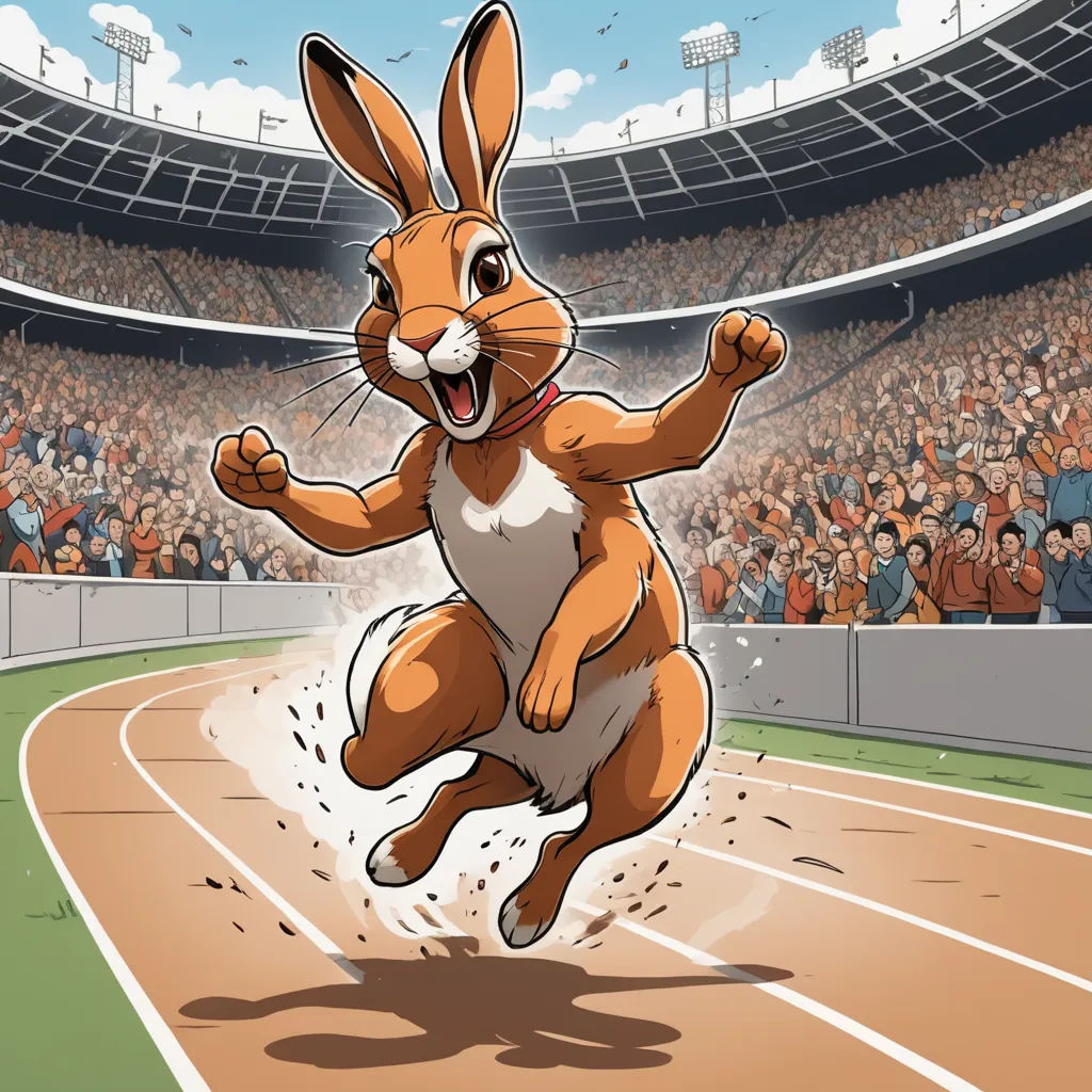 a cartoon of a rabbit running on a track in a stadium with a crowd of people watching from the stands, furry art, a comic book panel, Clovis Trouille, furaffinity