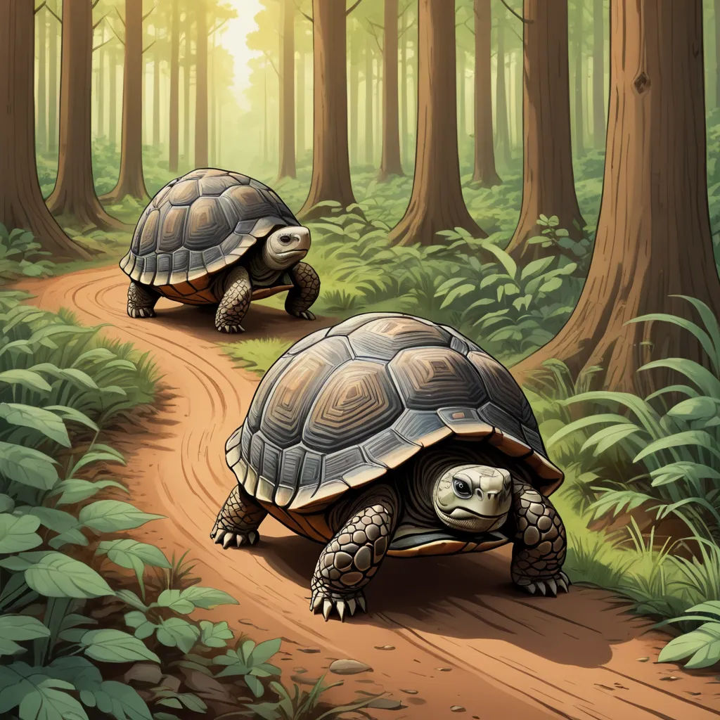 two turtles walking down a path in the woods together, with the sun shining through the trees behind them, fantasy art, an illustration of, Chris LaBrooy, golden ratio illustration