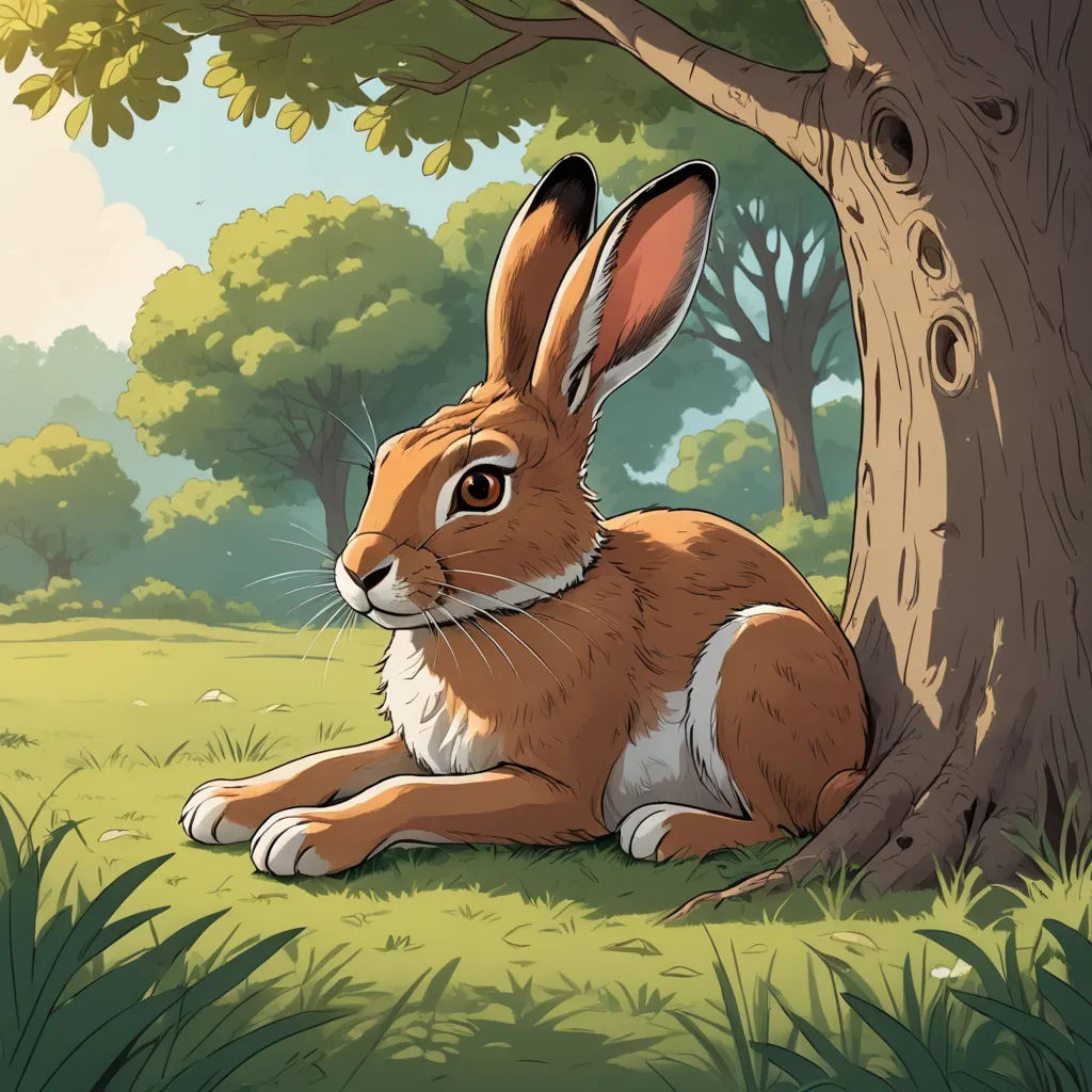 a rabbit sitting in the grass under a tree in a forest with a bird flying overhead and a bird in the distance, furry art, a storybook illustration, Chris LaBrooy, rossdraws global illumination