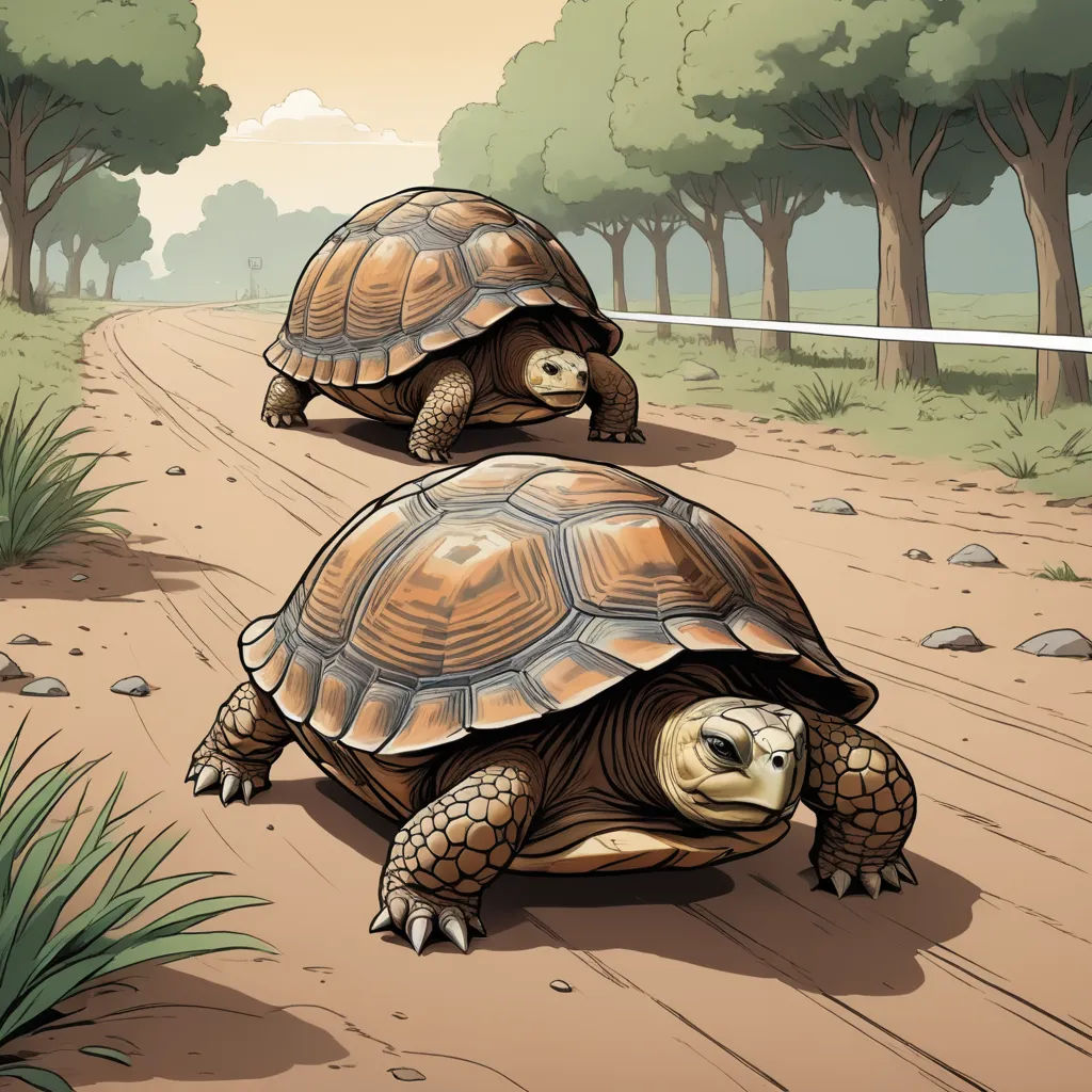 two turtles walking down a dirt road in the woods, one is on the other side of the road, optical illusion, an illustration of, Chris LaBrooy, golden ratio illustration