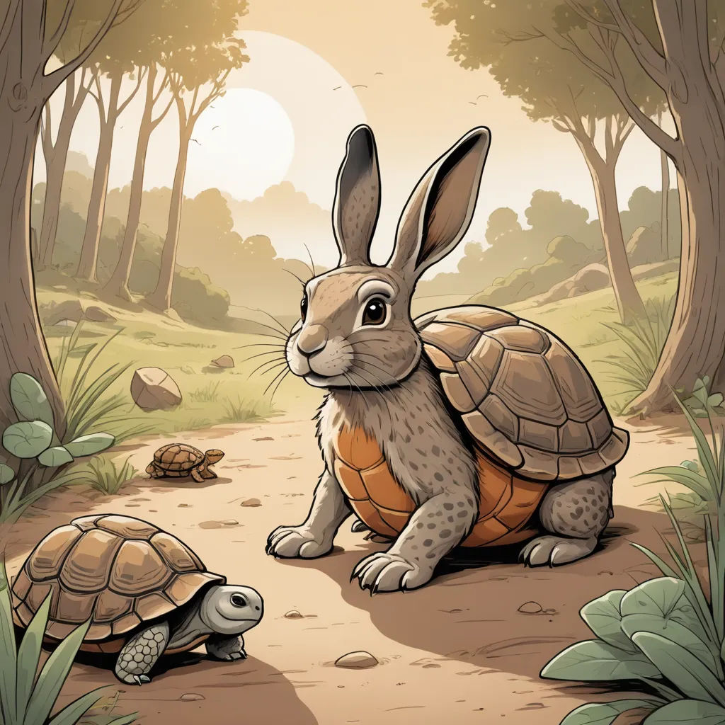 a rabbit and a turtle are sitting in the dirt near a forest with trees and grass, and a sun is shining in the background, sots art, a storybook illustration, Beatrix Potter, storybook illustration
