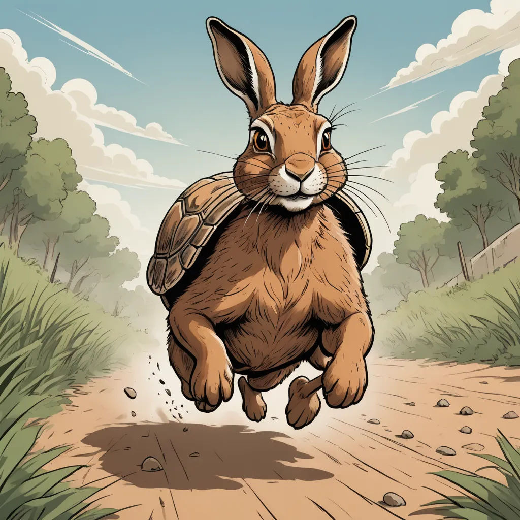 a cartoon rabbit running on a dirt road with a backpack on its back and a sky background with clouds, furry art, a storybook illustration, Chris LaBrooy, walton ford