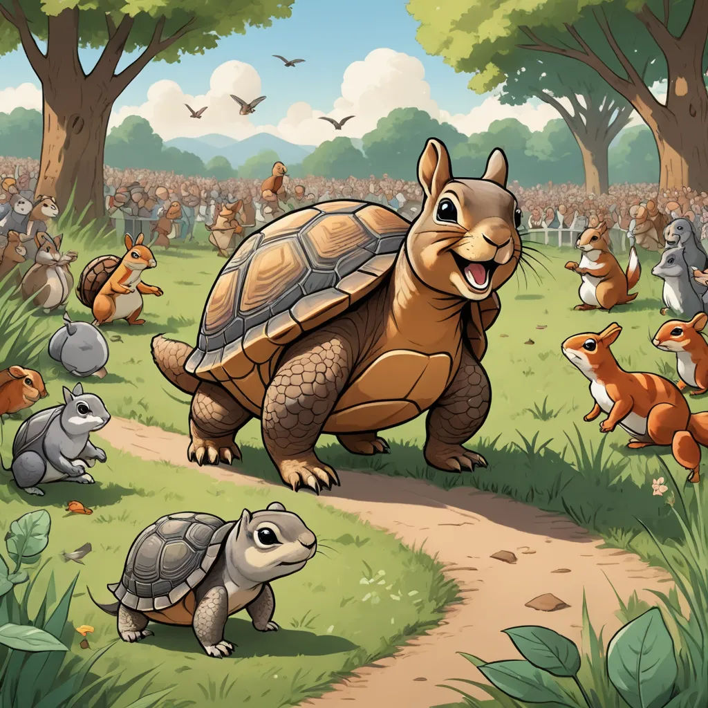a cartoon of a tortoise and other animals in a forest setting with a path leading to it, altermodern, a storybook illustration, Chris LaBrooy, furaffinity