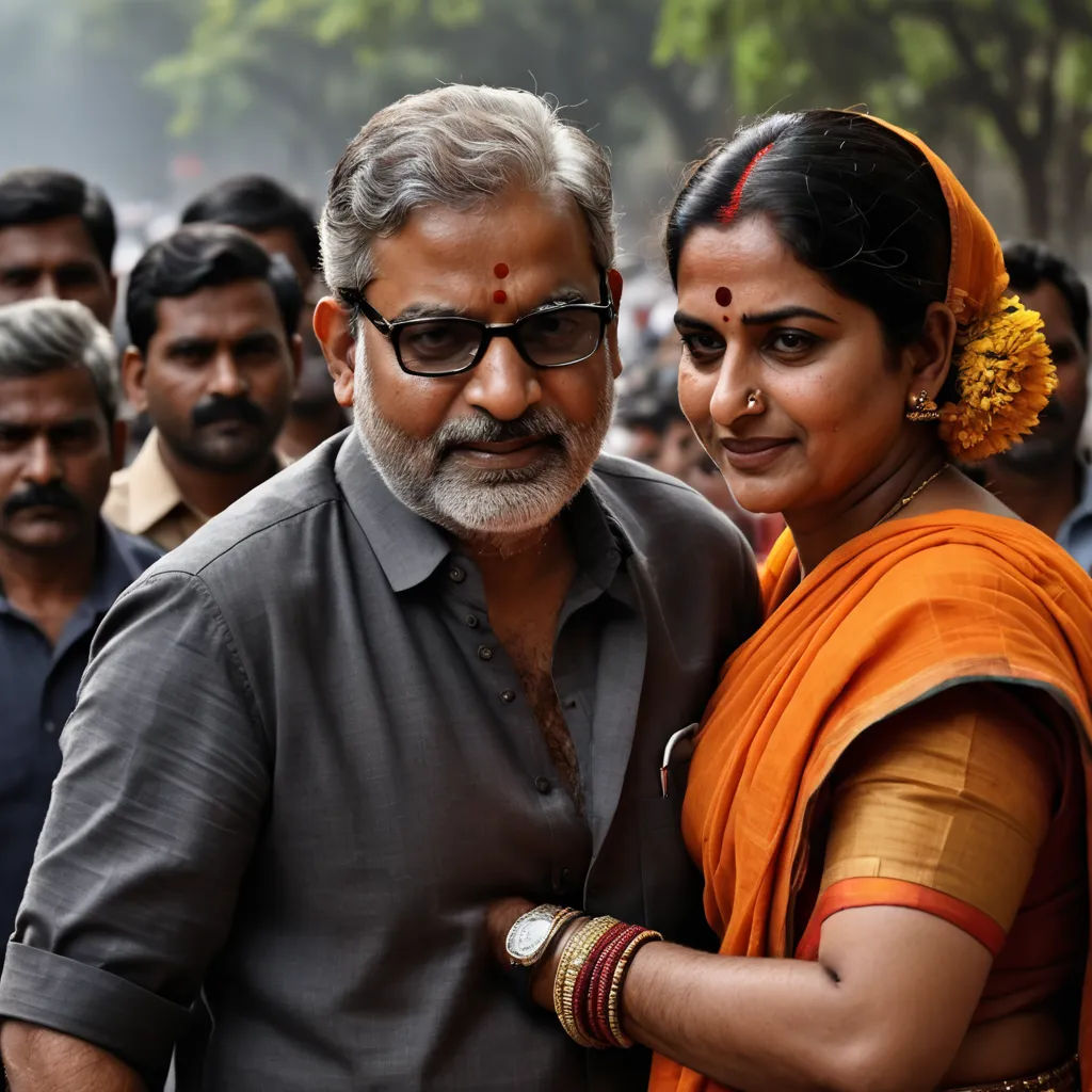 a man and woman standing next to each other in front of a crowd of people in india, one of them is wearing a yellow sari, samikshavad, a photocopy, Bholekar Srihari, movie still