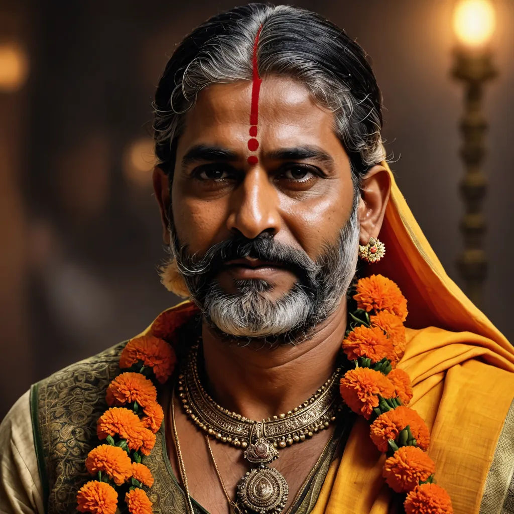 a man with a beard and a yellow outfit with orange flowers around his neck and a red headband, samikshavad, a character portrait, Bholekar Srihari, movie still