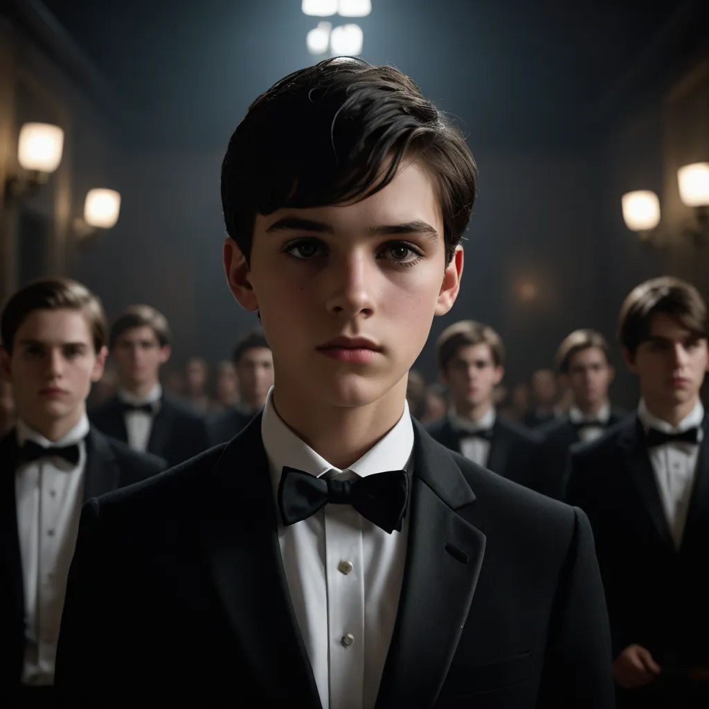 a group of young men in tuxedos standing in a room with lights on the ceiling and a man in a suit, heidelberg school, a poster, Daniel Lieske, promotional image