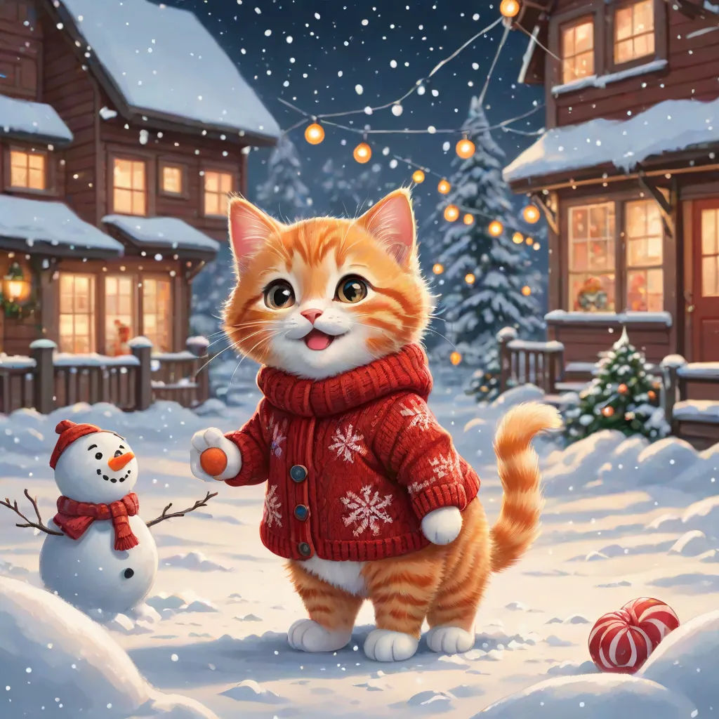 a cat in a red sweater standing next to a snowman in a snowy yard with a house and a snowman, Chris LaBrooy, naive art, a storybook illustration, snow