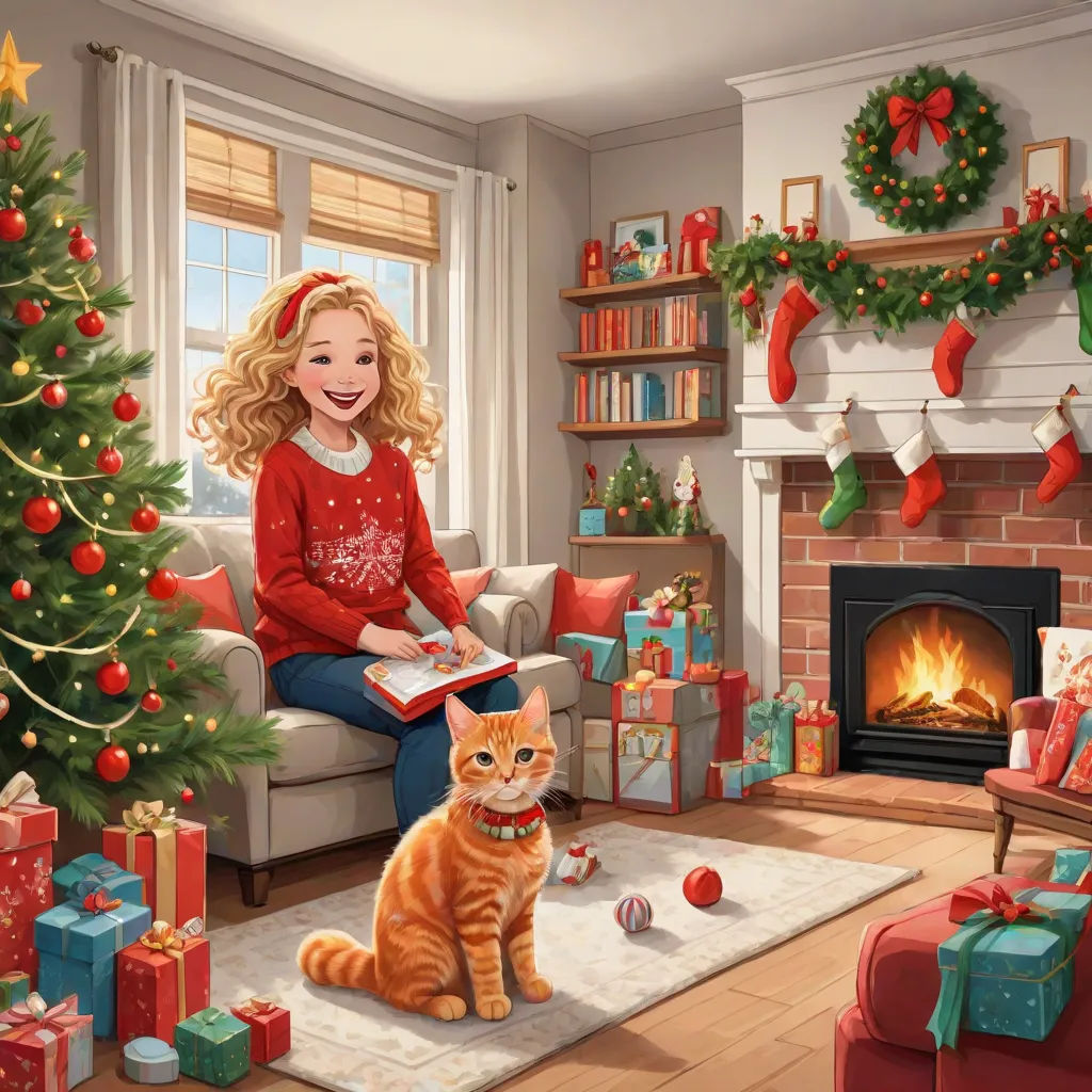a woman sitting on a couch next to a christmas tree and a cat in front of a fireplace with presents, Ernest William Christmas, sots art, a storybook illustration, official art