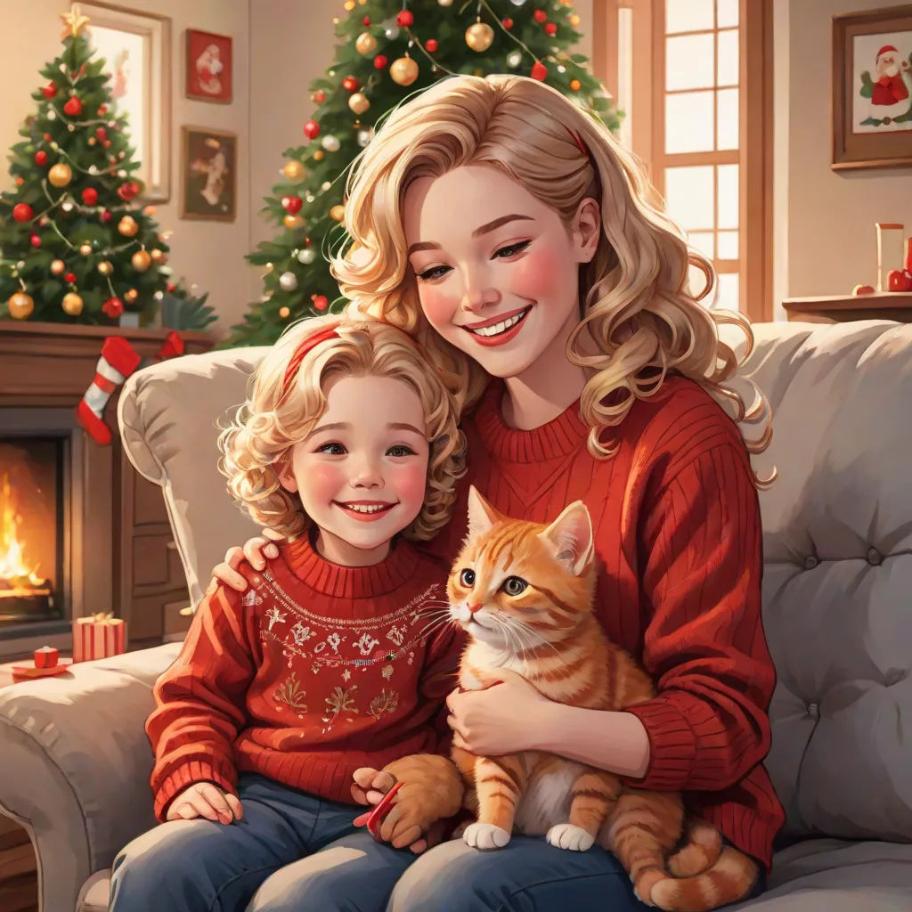 a woman and a child are sitting on a couch with a cat in front of a christmas tree and a fireplace, Artgerm, furry art, a storybook illustration, official art