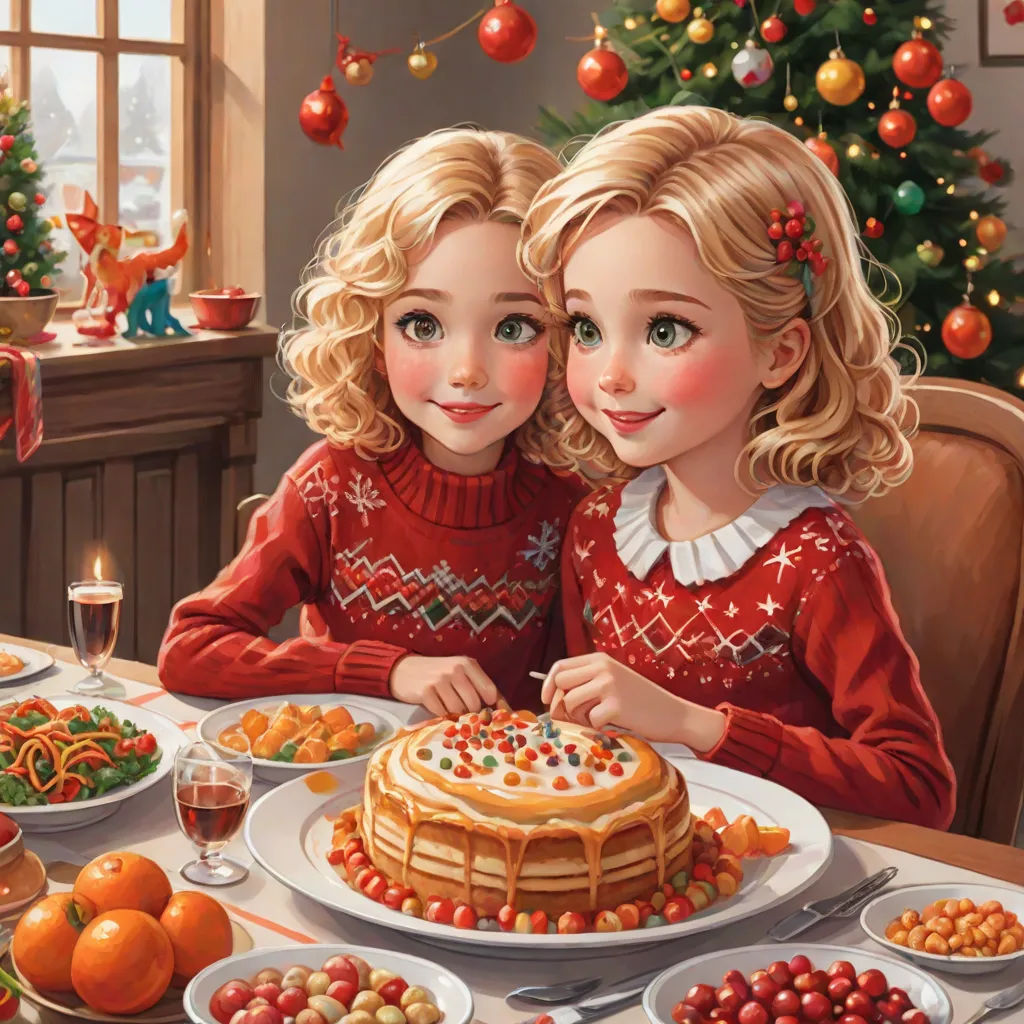 two girls sitting at a table with a cake and fruit on it, and a christmas tree in the background, Chen Lin, naive art, a storybook illustration, detailed illustration