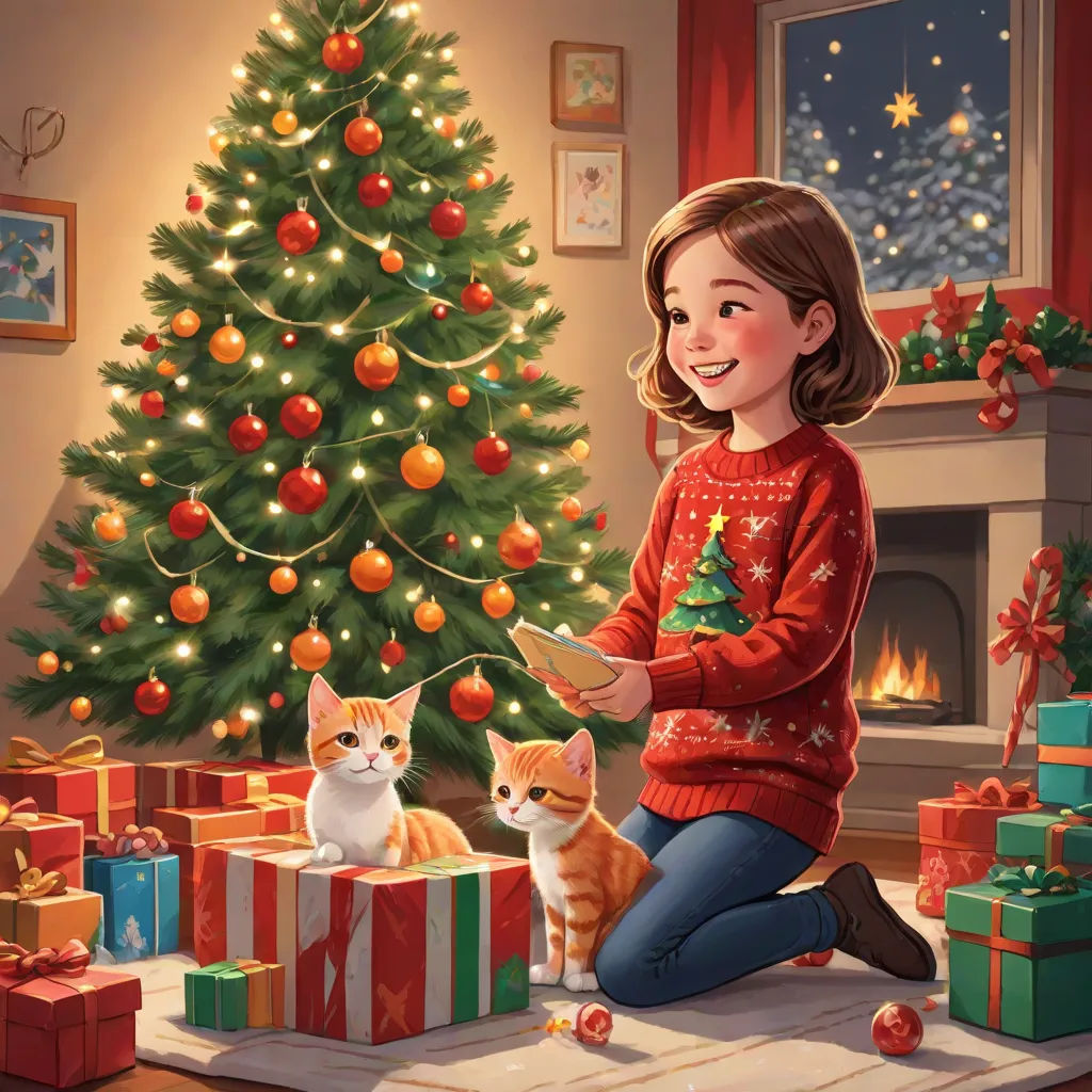 a girl is sitting on the floor with two cats near a christmas tree and presents under the tree is a lit christmas tree, Bob Byerley, naive art, a storybook illustration, official art