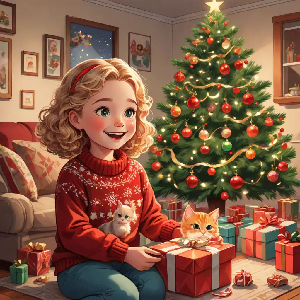 a girl sitting on the floor with a cat and a christmas tree in the background with presents on the floor, Charlie Bowater, sots art, a storybook illustration, official art