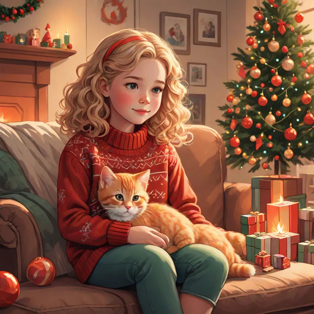 a girl sitting on a couch holding a cat in her lap next to a christmas tree and a fireplace, Charlie Bowater, fantasy art, a storybook illustration, cgstudio