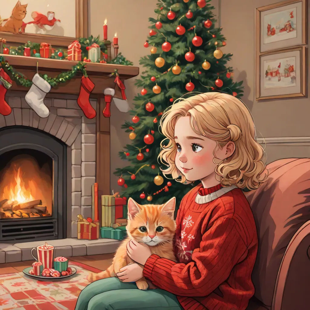 a girl sitting on a couch holding a cat in front of a fireplace with a christmas tree in the background, Ernest William Christmas, furry art, a storybook illustration, storybook illustration