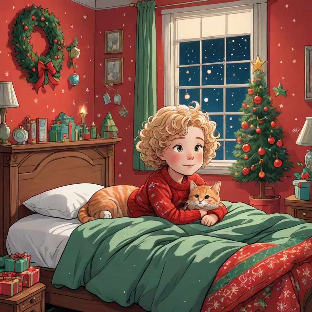 a girl in a red sweater laying in a bed with a cat in her lap and a christmas tree in the corner, Carol Sutton, furry art, a storybook illustration, storybook illustration