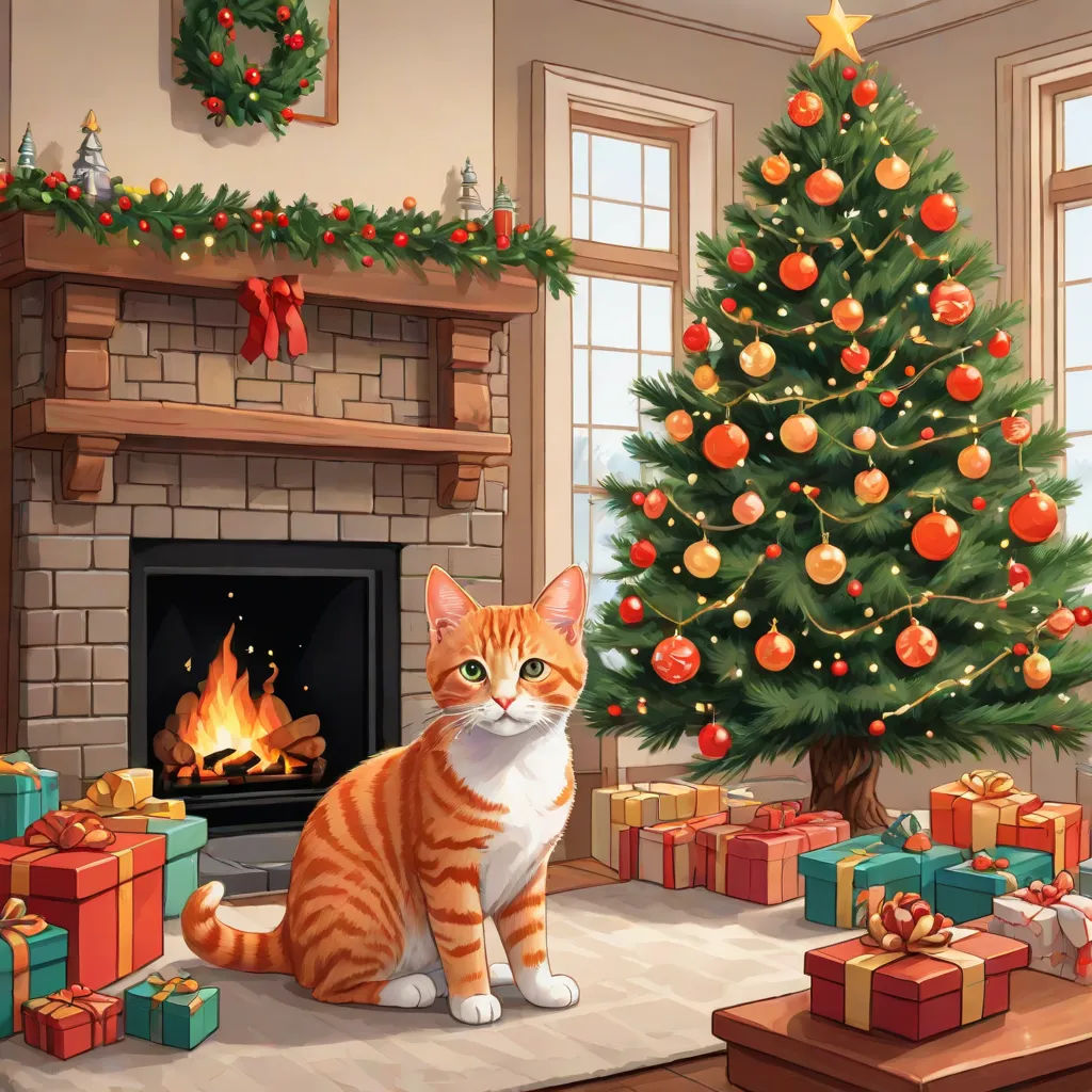 a cat sitting in front of a christmas tree with presents around it and a fireplace in the background with a lit christmas tree, Ernest William Christmas, sots art, a storybook illustration, official art