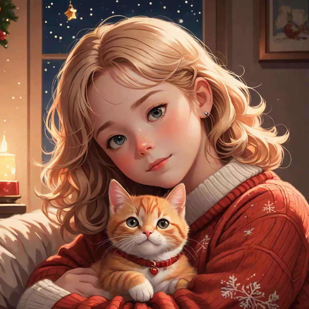 a painting of a girl holding a cat in her arms with a lit candle in the background and a christmas tree, Artgerm, fantasy art, a photorealistic painting, trending on art station