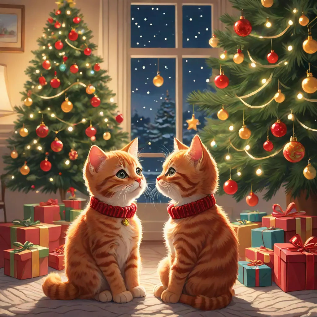 a painting of two cats sitting in front of a christmas tree with presents under it and a christmas tree in the background, Ernest William Christmas, naive art, a storybook illustration, official art