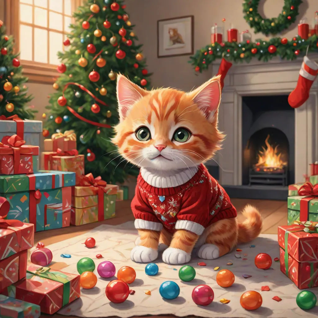 a cat in a sweater surrounded by presents and christmas trees in a living room with a fireplace and a christmas tree, Chris LaBrooy, sots art, a detailed painting, official art