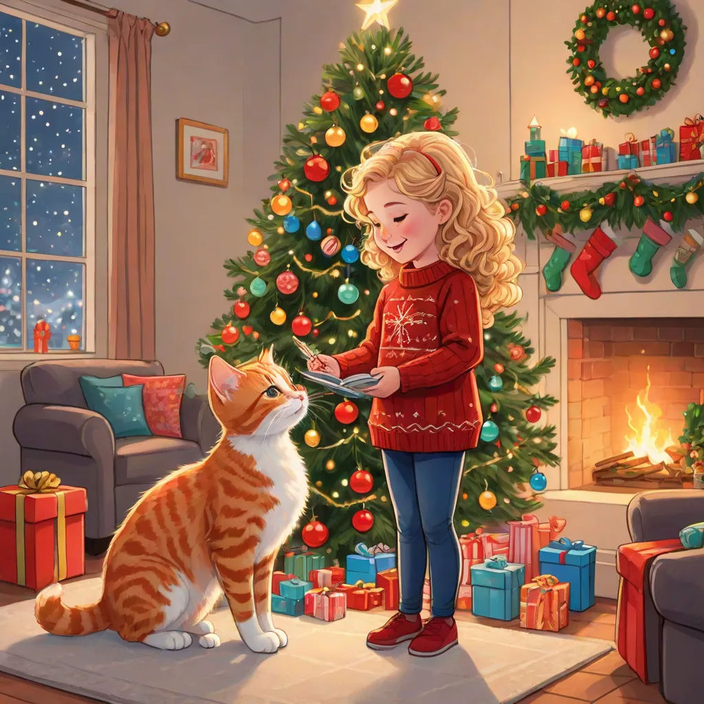 a girl is petting a cat in front of a christmas tree with presents on the floor and a fireplace, Ernest William Christmas, sots art, a storybook illustration, official art