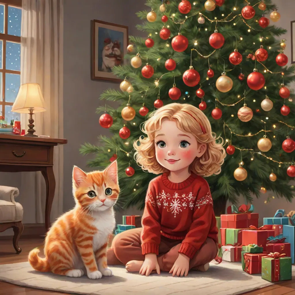 a painting of a girl sitting next to a cat in front of a christmas tree with presents on the floor, Bob Byerley, sots art, a storybook illustration, storybook illustration