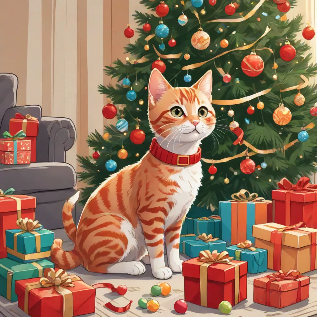 a cat sitting in front of a christmas tree with presents around it and a christmas tree in the background, Ernest William Christmas, sots art, a storybook illustration, official art