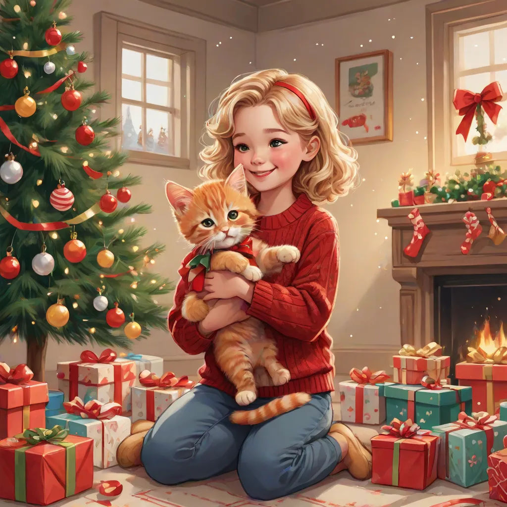 a girl holding a cat in front of a christmas tree with presents around her and a fireplace in the background, Bob Byerley, sots art, a storybook illustration, official art