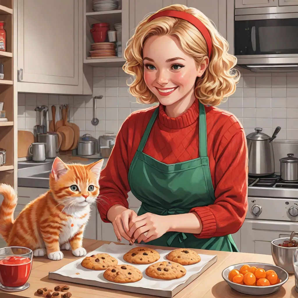 a woman in a kitchen with a cat and cookies on a counter top next to a tray of cookies, Edwin Georgi, furry art, a storybook illustration, highly detailed digital painting