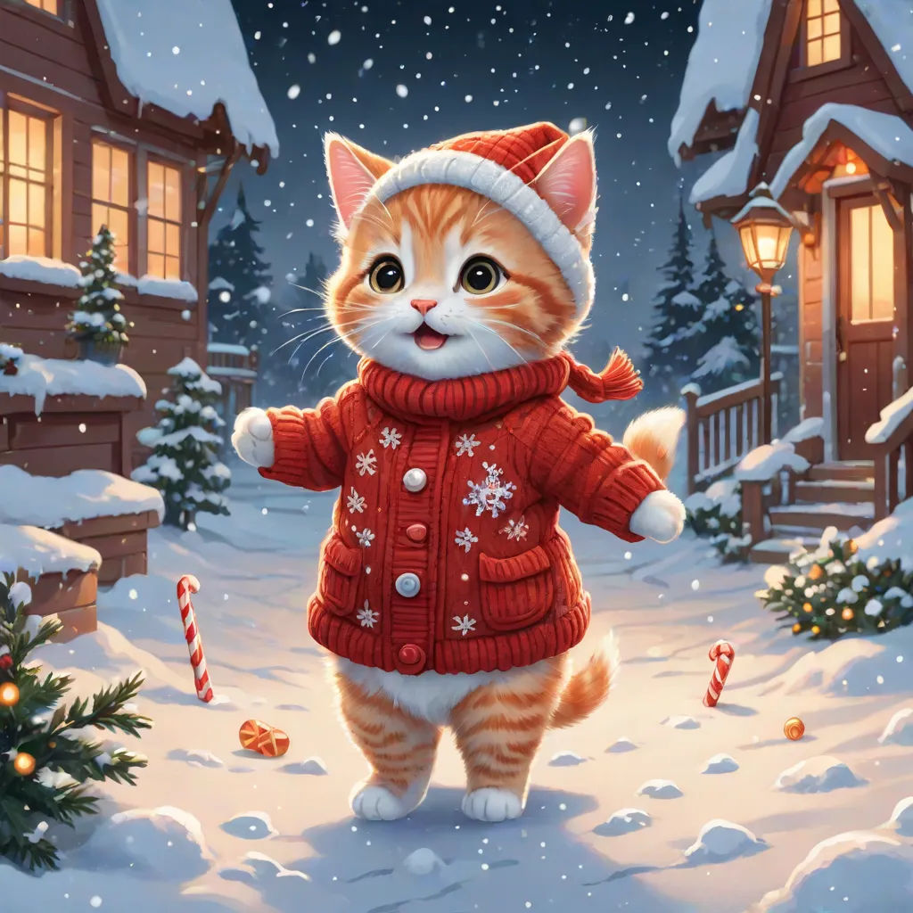 a cat in a red jacket and a candy cane in the snow in front of a house with a christmas tree, Chris LaBrooy, naive art, a storybook illustration, hd wallpaper