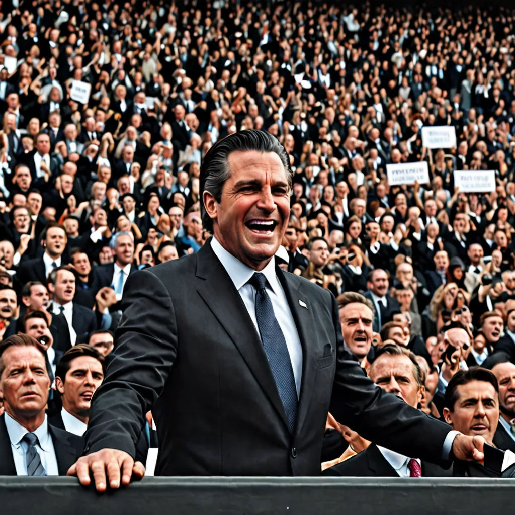 a man in a suit and tie standing in front of a crowd of people with signs in the air, assemblage, a colorized photo, Dan Scott, promotional image