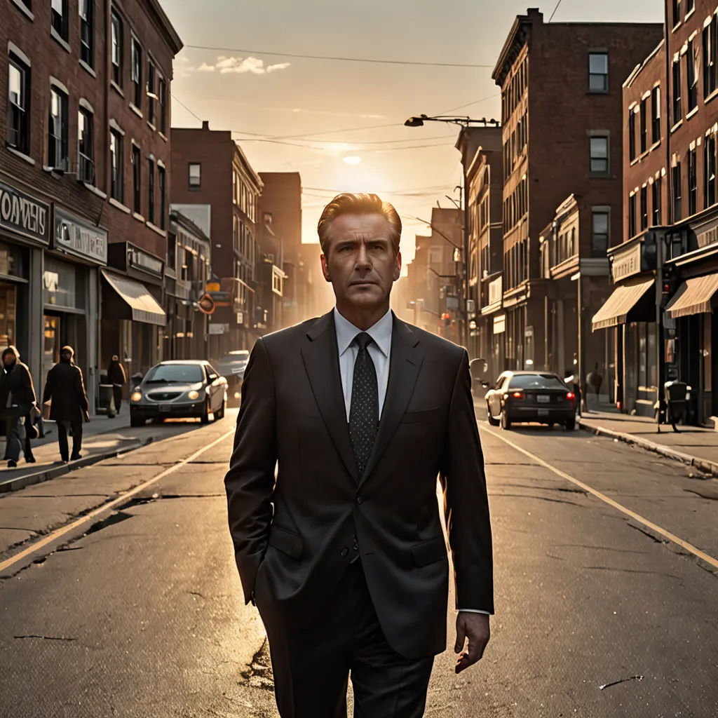a man in a suit walking down a street in the middle of a city at sunset or sunrise time, maximalism, a character portrait, David Garner, promotional image